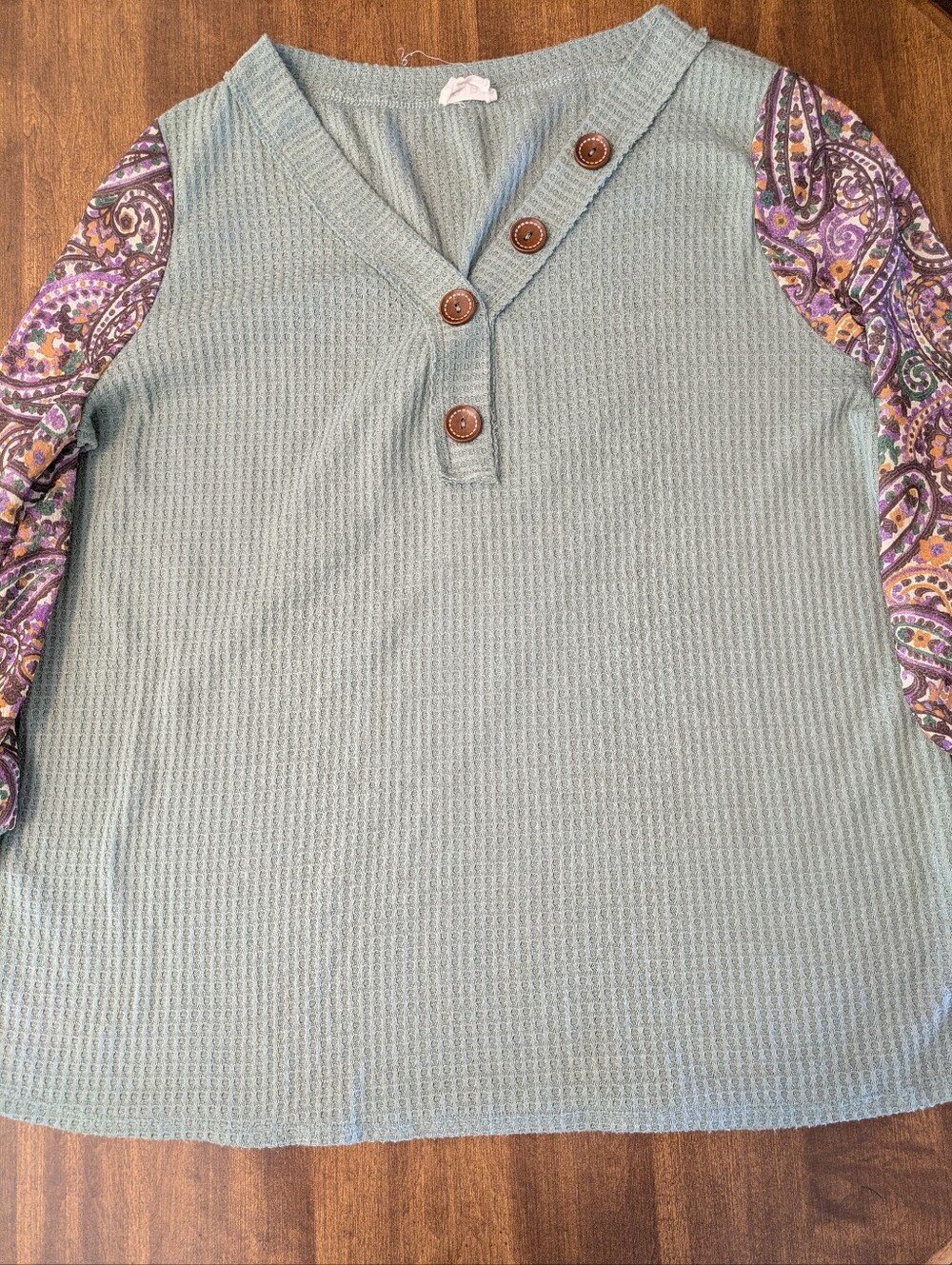Bibi Light Teal Waffle Knit With Floral Sleeves XL